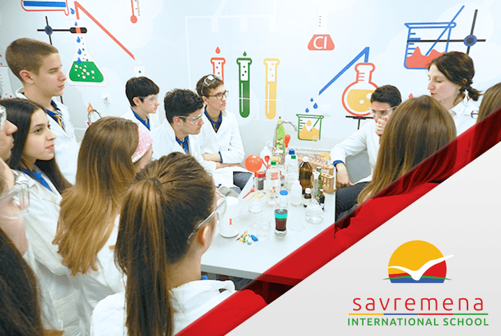 Savremena’s students experiment with solutions during a practical chemistry class